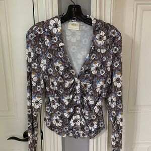Mauve Floral Ruffle Blouse - Brown and Blue